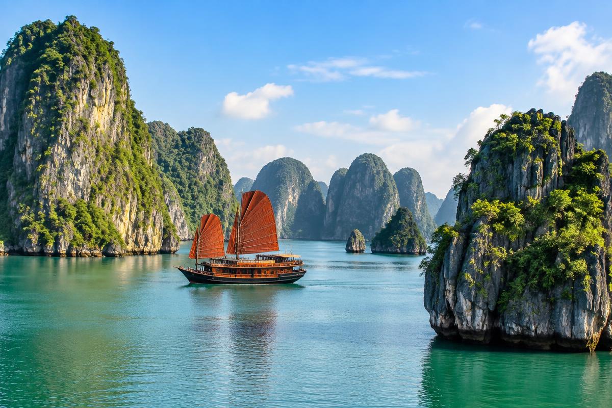 Ha Long Bay limestone islands and traditional boat in Vietnam