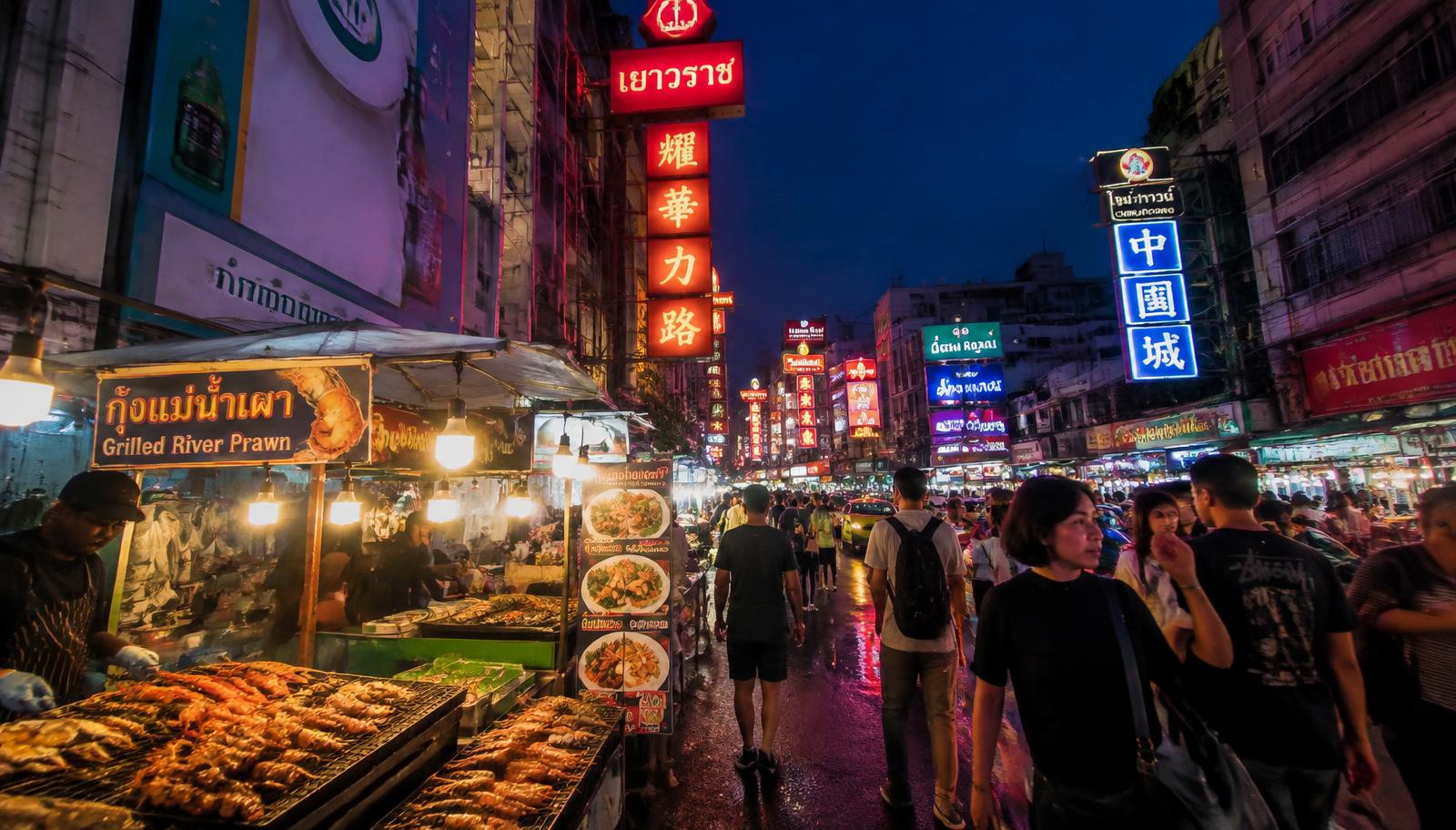 Yaowarat Road in Bangkok's Chinatown at night, with neon signs above street stalls grilling river prawns and crowds of diners